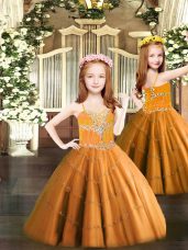 Fancy Floor Length Orange Little Girl Pageant Dress Spaghetti Straps Sleeveless Lace Up