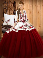 Wine Red Sweet 16 Quinceanera Dress Military Ball and Sweet 16 and Quinceanera with Embroidery Sweetheart Sleeveless Lace Up