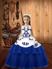 Blue Sleeveless Floor Length Embroidery Lace Up Little Girls Pageant Dress