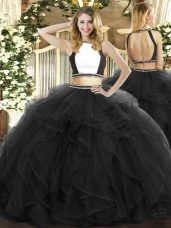 Black Tulle Backless Halter Top Sleeveless Floor Length Sweet 16 Dress Ruffles