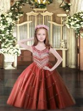 Lovely Wine Red Ball Gowns Scoop Sleeveless Tulle Floor Length Lace Up Beading Girls Pageant Dresses