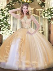 Elegant Lace and Ruffles Quinceanera Dress Champagne Backless Sleeveless Floor Length