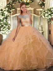 Free and Easy Champagne Ball Gowns Organza and Tulle Scoop Sleeveless Lace and Ruffles and Sashes ribbons Floor Length Backless 15th Birthday Dress