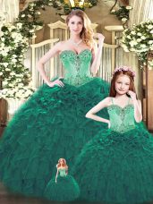 Custom Fit Dark Green Sweet 16 Dresses Military Ball and Sweet 16 and Quinceanera with Beading and Ruffles Sweetheart Sleeveless Lace Up