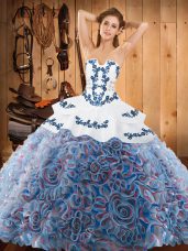 Wonderful Multi-color Ball Gowns Embroidery Sweet 16 Quinceanera Dress Lace Up Satin and Fabric With Rolling Flowers Sleeveless With Train