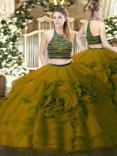 Fabulous Olive Green Zipper Halter Top Beading and Ruffled Layers Quinceanera Dresses Tulle Sleeveless