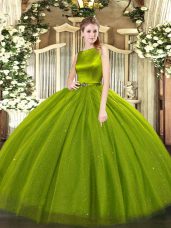 Scoop Sleeveless Quinceanera Dresses Floor Length Belt Olive Green Tulle