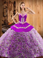 Eye-catching Multi-color Lace Up Sweetheart Embroidery Sweet 16 Dress Satin and Fabric With Rolling Flowers Sleeveless Sweep Train