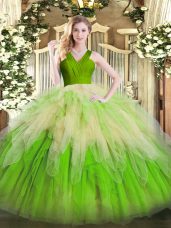 Artistic Ball Gowns Sweet 16 Dress Multi-color V-neck Organza Sleeveless Floor Length Zipper