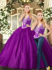 Sweet Purple Two Pieces Straps Sleeveless Tulle Floor Length Lace Up Beading Sweet 16 Quinceanera Dress