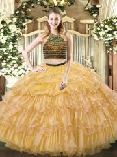 Fine Floor Length Zipper Ball Gown Prom Dress Gold for Military Ball and Sweet 16 and Quinceanera with Beading and Ruffled Layers