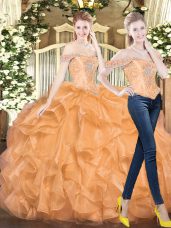 New Style Orange Red Two Pieces Organza Off The Shoulder Sleeveless Beading and Ruffles Floor Length Lace Up Vestidos de Quinceanera