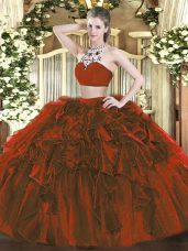 Extravagant Two Pieces Vestidos de Quinceanera Rust Red High-neck Tulle Sleeveless Floor Length Backless