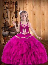 Latest Fuchsia Straps Lace Up Embroidery and Ruffles Party Dress for Toddlers Sleeveless