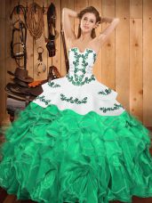 Fantastic Turquoise Lace Up Strapless Embroidery and Ruffles Quinceanera Dresses Satin and Organza Sleeveless