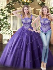 Delicate Floor Length Purple Quince Ball Gowns Tulle Sleeveless Beading