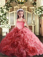 Floor Length Coral Red Pageant Dress for Girls Fabric With Rolling Flowers Sleeveless Appliques