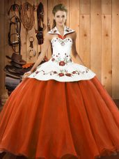 Flare Floor Length Lace Up Sweet 16 Dresses Orange Red for Military Ball and Sweet 16 and Quinceanera with Embroidery