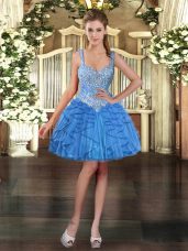 Baby Blue Lace Up Straps Beading and Ruffles Homecoming Dress Tulle Sleeveless