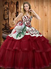 Sweetheart Sleeveless 15 Quinceanera Dress Sweep Train Embroidery Wine Red Organza