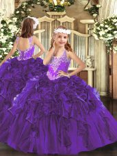 Purple Sleeveless Beading and Ruffles Floor Length Glitz Pageant Dress
