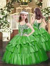 Perfect Green Straps Lace Up Appliques and Ruffled Layers Little Girl Pageant Gowns Sleeveless