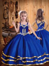 Sweet Organza Straps Sleeveless Lace Up Embroidery and Ruffled Layers Child Pageant Dress in Royal Blue
