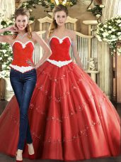 Graceful Coral Red Sleeveless Beading Floor Length Quinceanera Gown