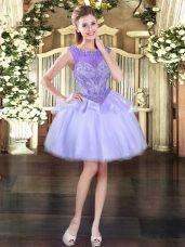 Lavender Lace Up Dress for Prom Beading Sleeveless Mini Length