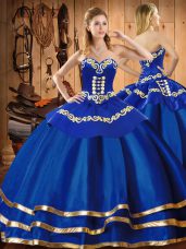 Blue Organza Lace Up Quince Ball Gowns Sleeveless Floor Length Embroidery