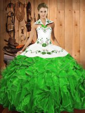 Green Halter Top Neckline Embroidery and Ruffles Vestidos de Quinceanera Sleeveless Lace Up