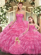 Fine Rose Pink Ball Gowns Beading and Ruffled Layers Ball Gown Prom Dress Lace Up Organza Sleeveless Floor Length