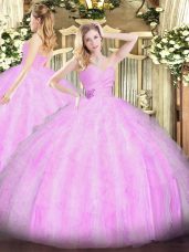 Floor Length Lilac Quinceanera Dress Organza Sleeveless Beading and Ruffles