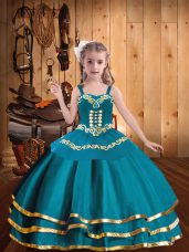 Excellent Teal Ball Gowns Straps Sleeveless Organza Floor Length Lace Up Embroidery and Ruffled Layers Pageant Dress Wholesale