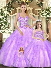 Sleeveless Organza Floor Length Lace Up Quinceanera Dresses in Lilac with Beading and Ruffles