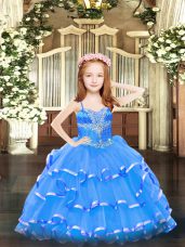Blue Ball Gowns Beading and Ruffled Layers Party Dress Lace Up Organza Sleeveless Floor Length