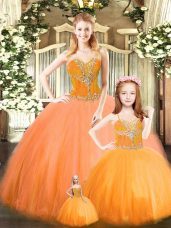 Floor Length Orange Red Quince Ball Gowns Tulle Sleeveless Beading