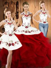 Halter Top Sleeveless Quinceanera Dresses Floor Length Embroidery and Ruffles Wine Red Satin and Organza