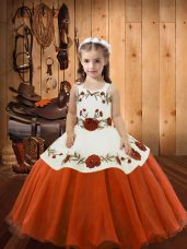 Orange Red Organza Lace Up Pageant Gowns For Girls Sleeveless Floor Length Embroidery