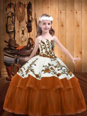 Embroidery Little Girls Pageant Dress Rust Red Lace Up Sleeveless Floor Length