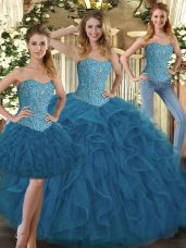Great Sweetheart Sleeveless Lace Up Quinceanera Gowns Teal Tulle