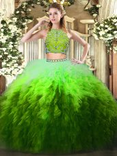 Luxury Multi-color Zipper High-neck Beading and Ruffles Sweet 16 Quinceanera Dress Tulle Sleeveless