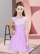 Custom Designed Lilac A-line Scoop Sleeveless Tulle Mini Length Side Zipper Lace Quinceanera Court of Honor Dress