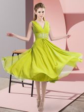 Customized Knee Length Side Zipper Bridesmaids Dress Yellow Green for Prom and Party and Wedding Party with Beading