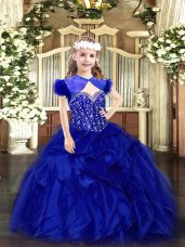 Best Royal Blue Straps Lace Up Beading and Ruffles Little Girls Pageant Dress Sleeveless