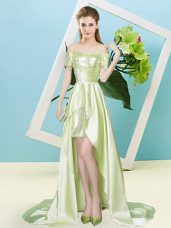 Yellow Green Elastic Woven Satin and Sequined Lace Up Off The Shoulder Short Sleeves High Low Prom Evening Gown Sequins