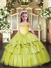 Latest Floor Length Olive Green Little Girls Pageant Gowns Organza Sleeveless Appliques and Ruffled Layers