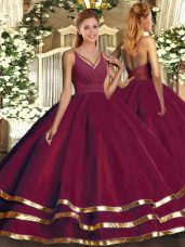 Burgundy Backless Quinceanera Dress Ruffled Layers Sleeveless Floor Length