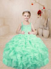 High Quality Organza Straps Sleeveless Lace Up Beading and Ruffles Kids Pageant Dress in Apple Green