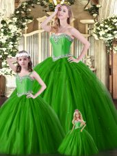 Sweetheart Sleeveless Quince Ball Gowns Floor Length Beading Green Tulle